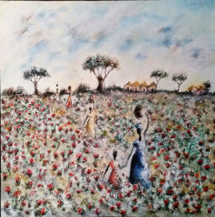 Peinture intitulée "champs d'hibiscus" par Ako Wilson, Œuvre d'art originale, Acrylique