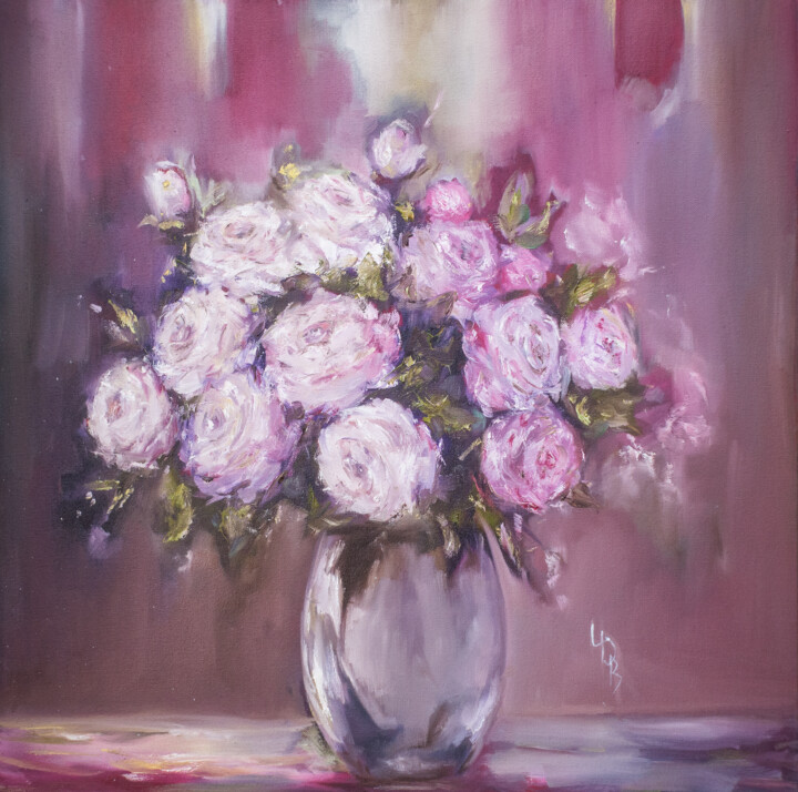 Painting titled "Roses in burgundy" by Aksana Chmel, Original Artwork, Oil Mounted on Wood Stretcher frame