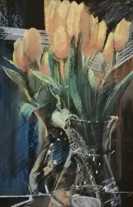 Картина под названием "Желтые тюльпаны" - Aksinia, Подлинное произведение искусства, Пастель