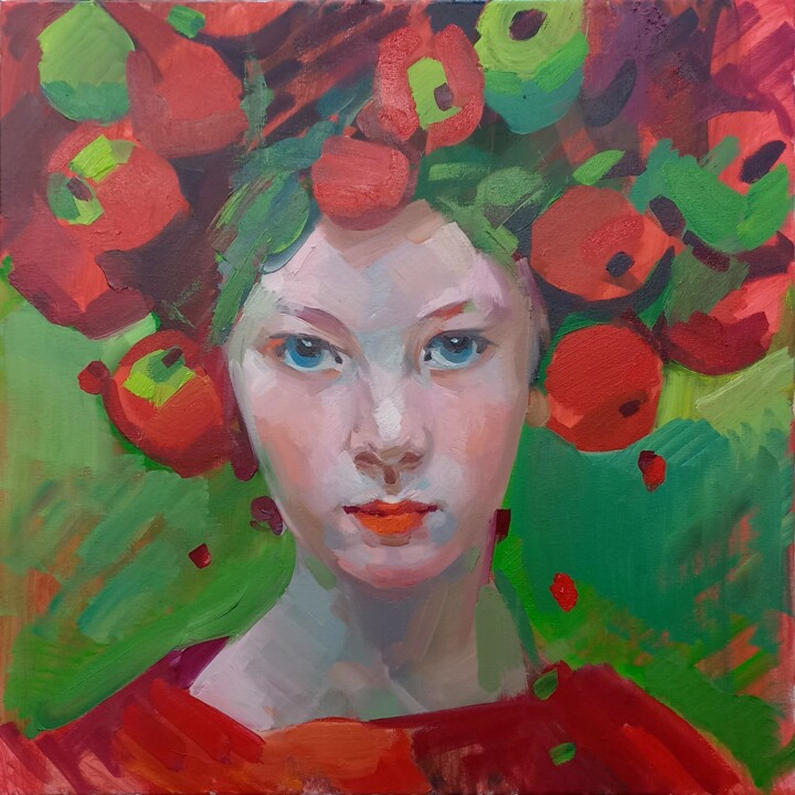 Peinture intitulée "Apple girl" par Aksinia, Œuvre d'art originale, Huile Monté sur Châssis en bois