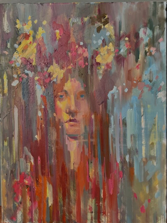 Painting titled "Summer. Female abst…" by Aksinia, Original Artwork, Oil Mounted on Wood Stretcher frame
