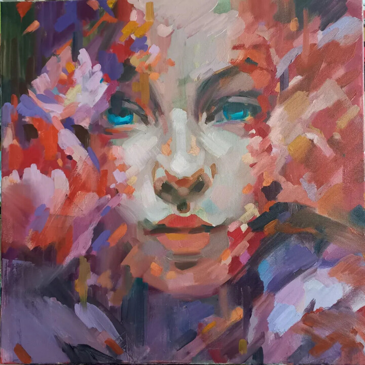 Painting titled "Peony girl. Abstrac…" by Aksinia, Original Artwork, Oil Mounted on Wood Stretcher frame