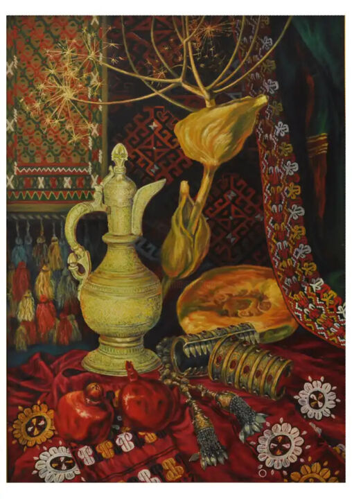 Painting titled "История Туркмении.…" by Iakub Kalmuradov, Original Artwork, Oil Mounted on Wood Stretcher frame