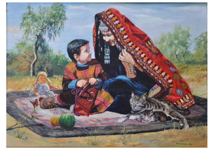 Painting titled "Детская игра." by Iakub Kalmuradov, Original Artwork, Oil Mounted on Wood Stretcher frame