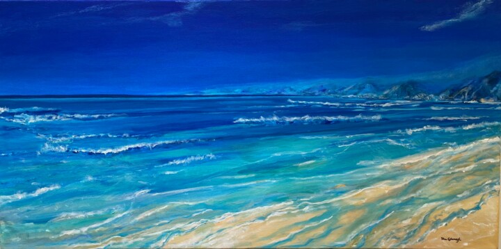 Painting titled "Beach in blue" by Aline Eskenazi, Original Artwork, Acrylic Mounted on Wood Stretcher frame