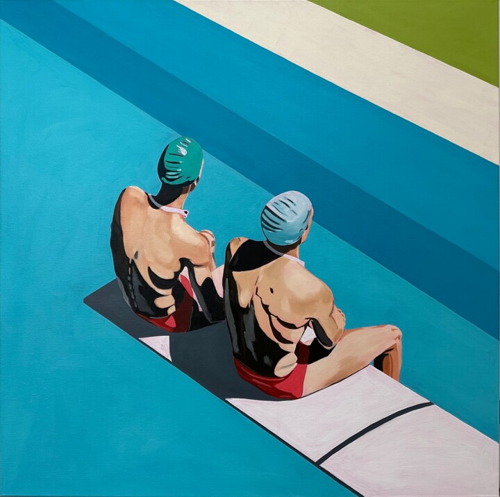 Malarstwo zatytułowany „boys at the pool” autorstwa Al Freno, Oryginalna praca, Olej Zamontowany na Drewniana rama noszy