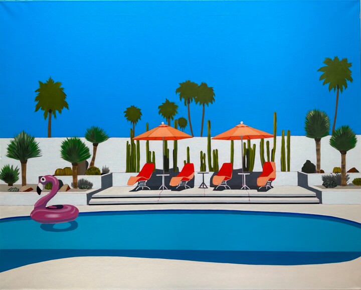 Pintura titulada "Pool Flamingo" por Al Freno, Obra de arte original, Oleo Montado en Bastidor de camilla de madera