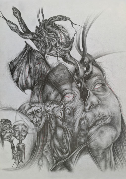 Drawing titled "Flesh" by Alaa Misto, Original Artwork, Pencil