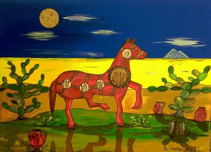 Pittura intitolato "I cavalli di Medma…" da Mateci-Antonio Lucio Rudy Lacquaniti, Opera d'arte originale, Acrilico
