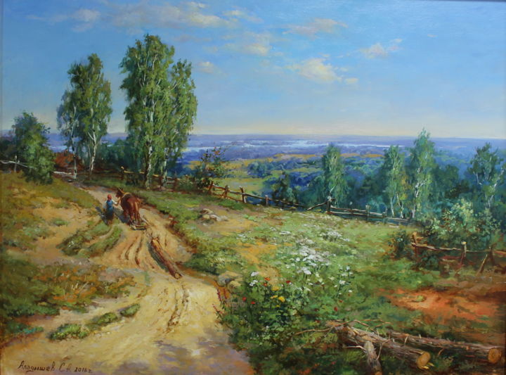 Картина под названием "Дорога в деревню" - Сергей Аладышев, Подлинное произведение искусства, Масло