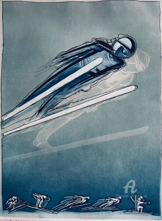 Gravures & estampes intitulée "Saut à ski" par Alain Bar, Œuvre d'art originale, Gravure