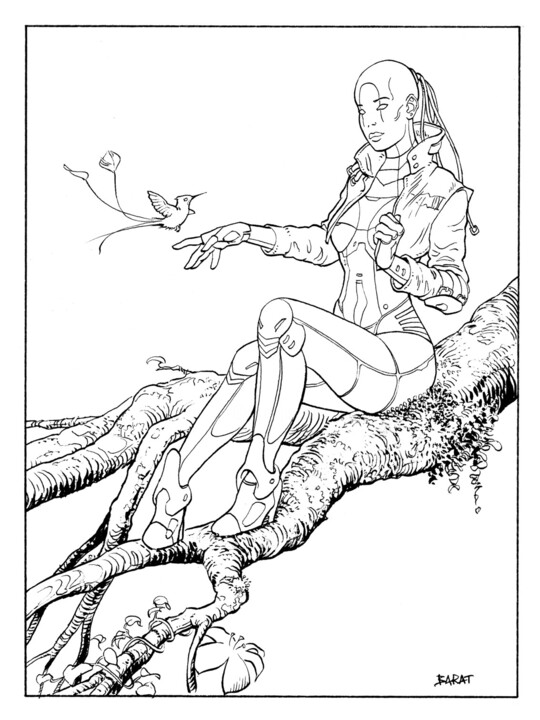 Drawing titled "Cyborg au colibri" by Alain Barat, Original Artwork, Ink