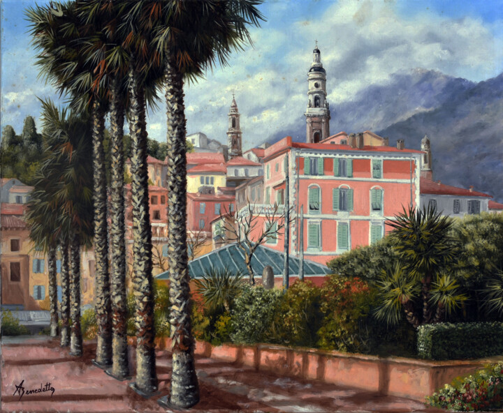 Painting titled "menton" by Alain Benedetto, Original Artwork, Oil Mounted on Wood Stretcher frame