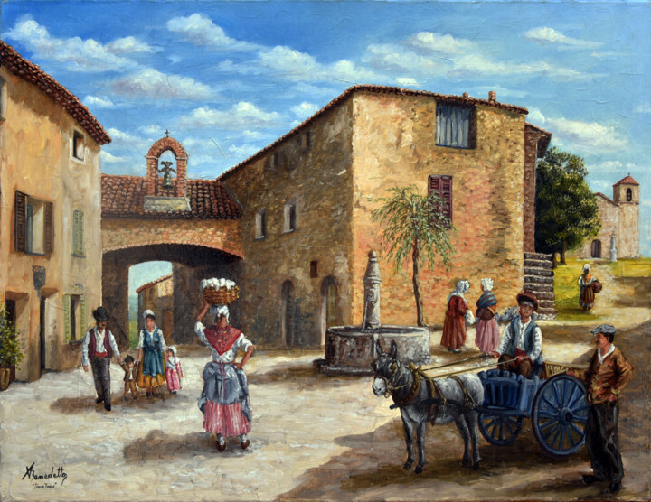 Painting titled "village du var Tour…" by Alain Benedetto, Original Artwork, Oil Mounted on Wood Stretcher frame