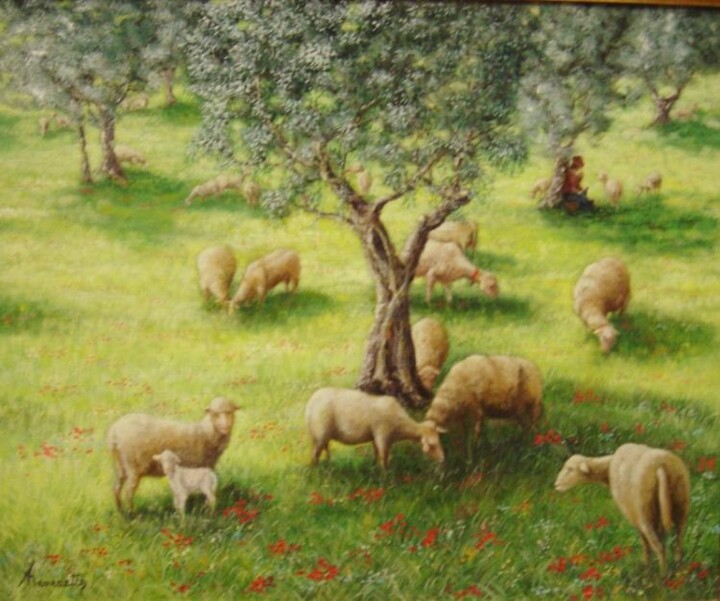 Painting titled "moutons" by Alain Benedetto, Original Artwork, Oil Mounted on Wood Stretcher frame