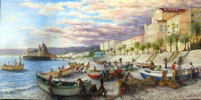 Painting titled "Nice jadis la marin…" by Alain Benedetto, Original Artwork, Oil Mounted on Wood Stretcher frame
