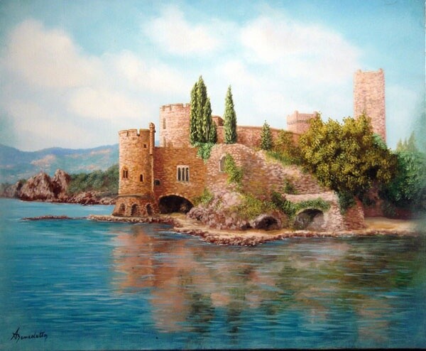 Painting titled "le chateau de la na…" by Alain Benedetto, Original Artwork, Oil Mounted on Wood Stretcher frame