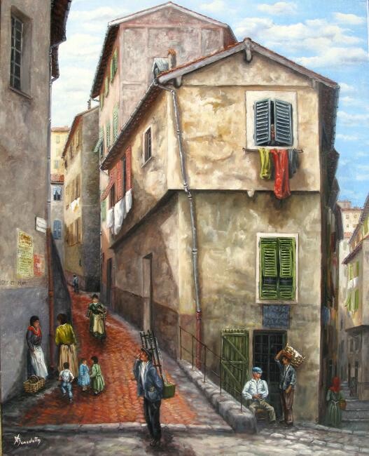 Painting titled "rue de la providence" by Alain Benedetto, Original Artwork, Oil Mounted on Wood Stretcher frame