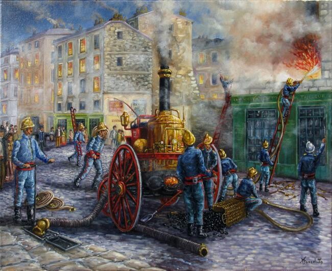 Painting titled "les pompiers de jad…" by Alain Benedetto, Original Artwork, Oil Mounted on Wood Stretcher frame