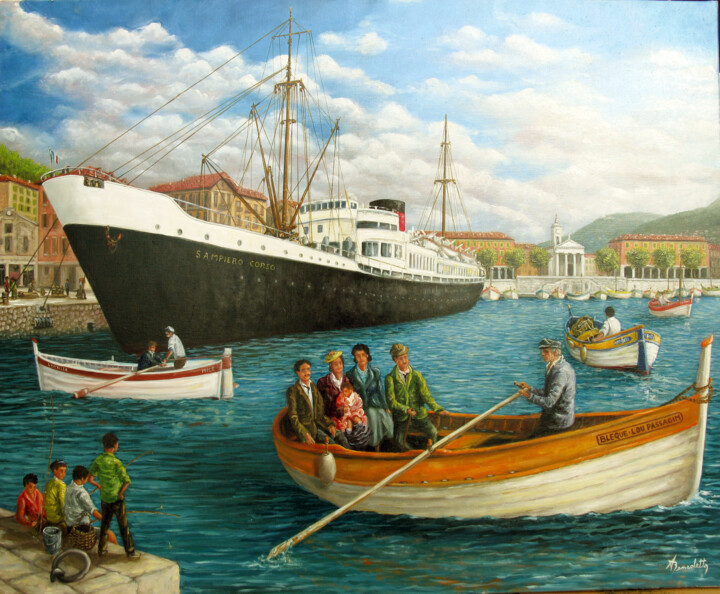 Painting titled "port de Nice jadis…" by Alain Benedetto, Original Artwork, Oil Mounted on Wood Stretcher frame