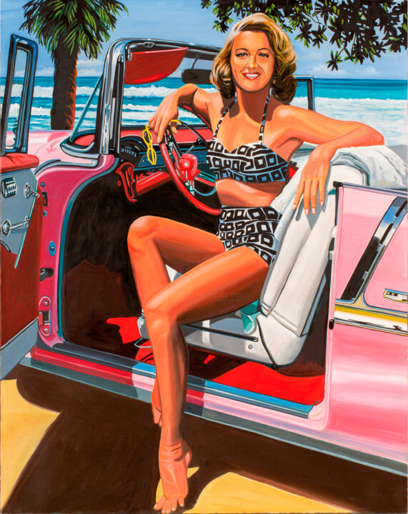 Painting titled "cadillac girl on th…" by Alain Bertrand, Original Artwork, Oil Mounted on Wood Stretcher frame