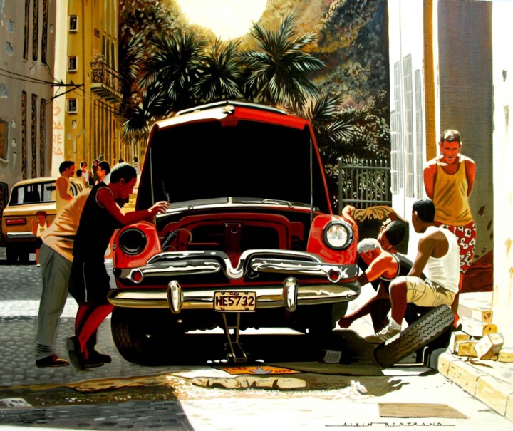 Painting titled "street mechanic" by Alain Bertrand, Original Artwork, Oil Mounted on Wood Stretcher frame
