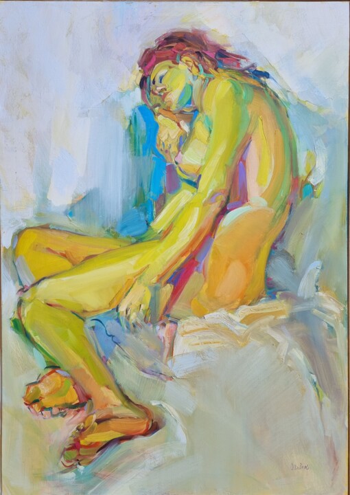 Painting titled "Nu Jaune II" by Alain Delmas, Original Artwork, Oil Mounted on Wood Stretcher frame
