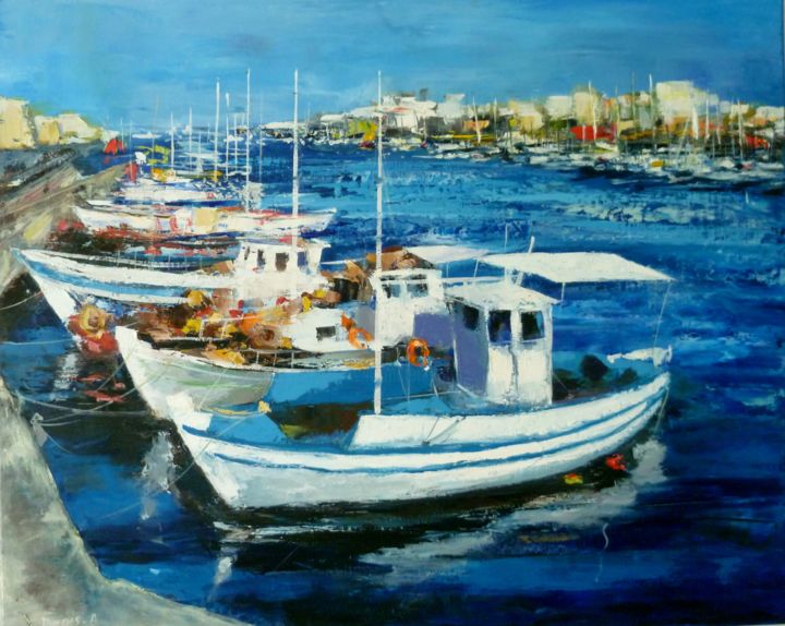 Painting titled "Port de pêche" by Alain Denis, Original Artwork, Oil