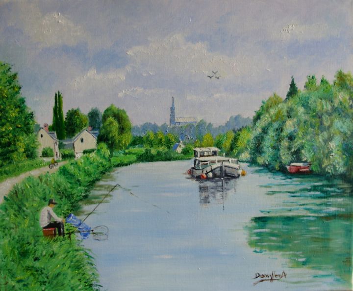 Painting titled "le canal de la somme" by Alain Dervillez, Original Artwork, Oil