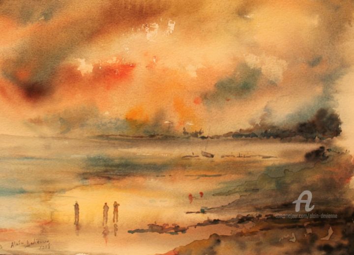 「ON THE BEACH」というタイトルの絵画 Alain Devienneによって, オリジナルのアートワーク, 水彩画