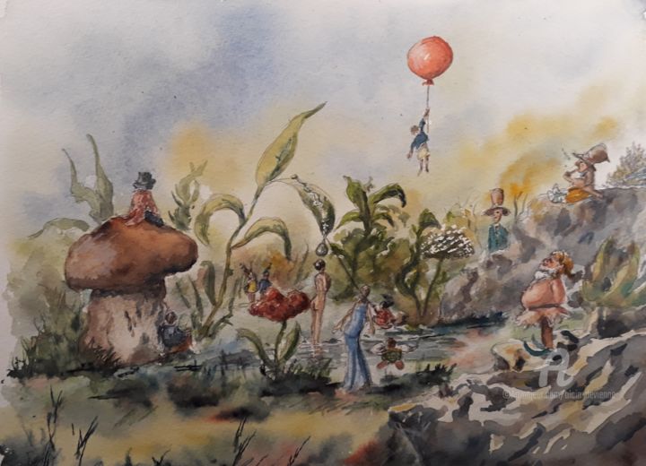 Painting titled "PETITE DOUCHE AU PA…" by Alain Devienne, Original Artwork, Watercolor