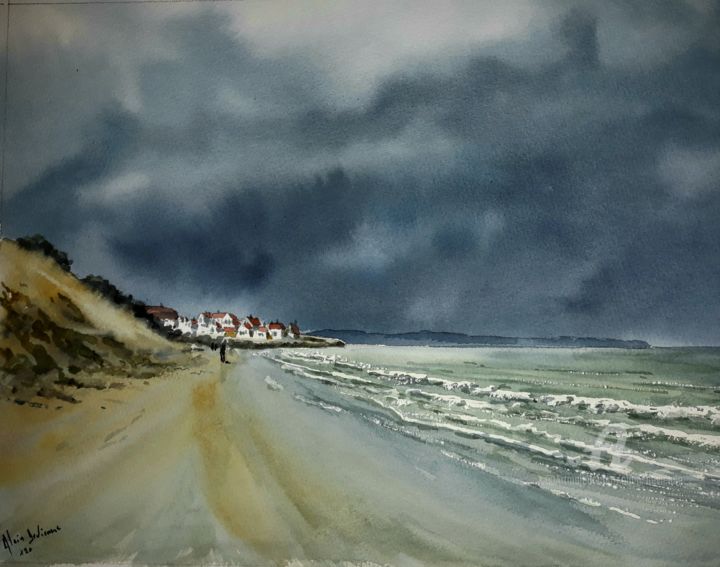 Painting titled "WISSANT - LA PLAGE" by Alain Devienne, Original Artwork, Watercolor