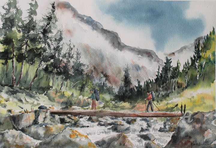 Painting titled "EN PARTANT EN RANDO…" by Alain Devienne, Original Artwork, Watercolor