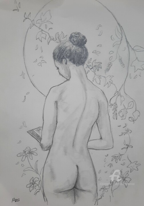 Dessin intitulée "NU AUX FLEURS" par Alain Devienne, Œuvre d'art originale, Crayon