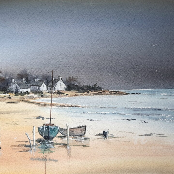 Pintura intitulada "PLAGE BRETONNE CIEL…" por Alain Devienne, Obras de arte originais, Aquarela