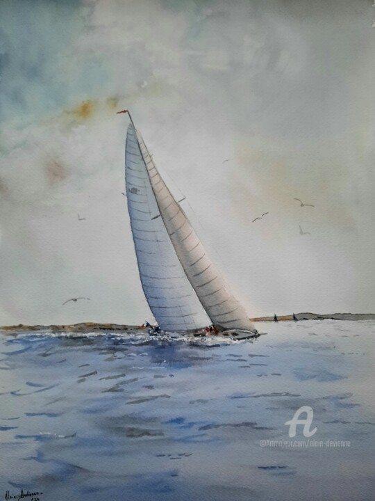Painting titled "THE RACE" by Alain Devienne, Original Artwork, Watercolor