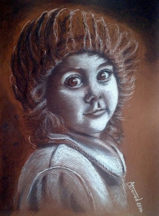 Drawing titled "Portrait enfant" by Alain Devred, Original Artwork, Chalk