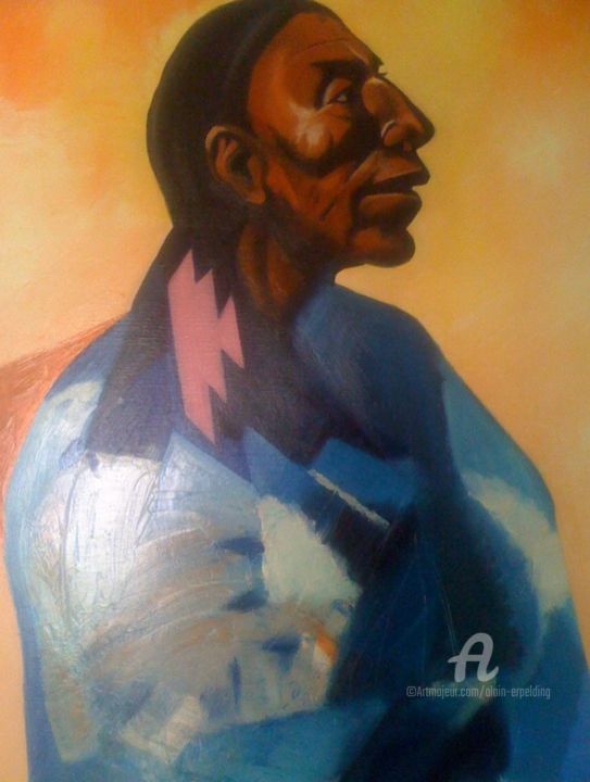 Painting titled "Chef de tribu indien" by Alain Erpelding, Original Artwork, Oil Mounted on Wood Stretcher frame