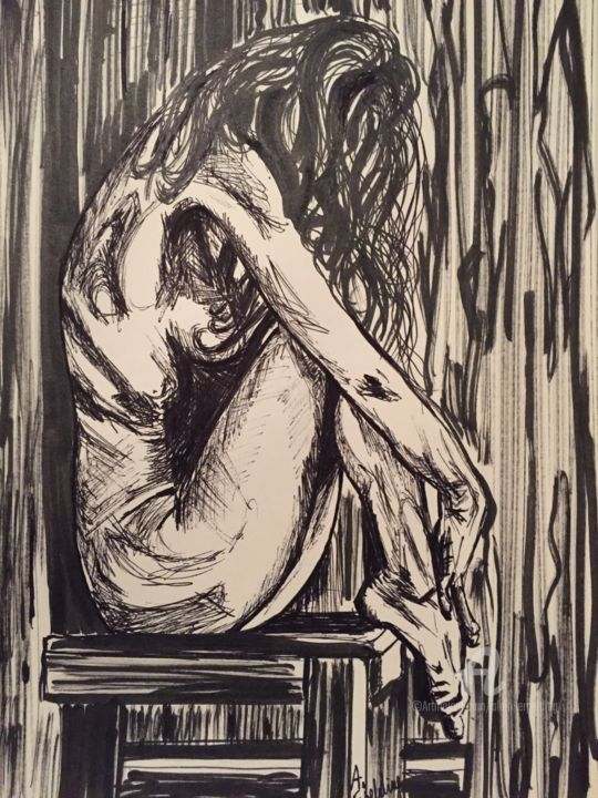 Zeichnungen mit dem Titel "Nude girl posing on…" von Alain Erpelding, Original-Kunstwerk, Tinte