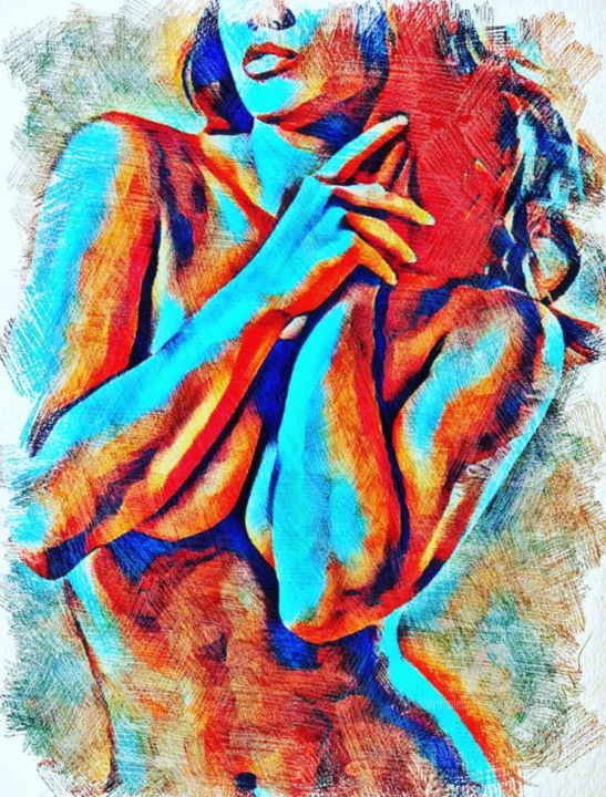 Digital Arts titled "En rouge et bleu" by Alain Erpelding, Original Artwork, Digital Painting