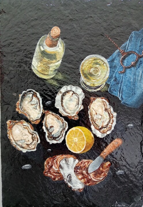 Painting titled "Huîtres et vin blanc" by Alain Favé, Original Artwork, Acrylic Mounted on Stone