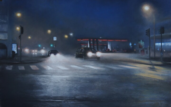 Painting titled "La station service.…" by Alain Fortier, Original Artwork, Pastel