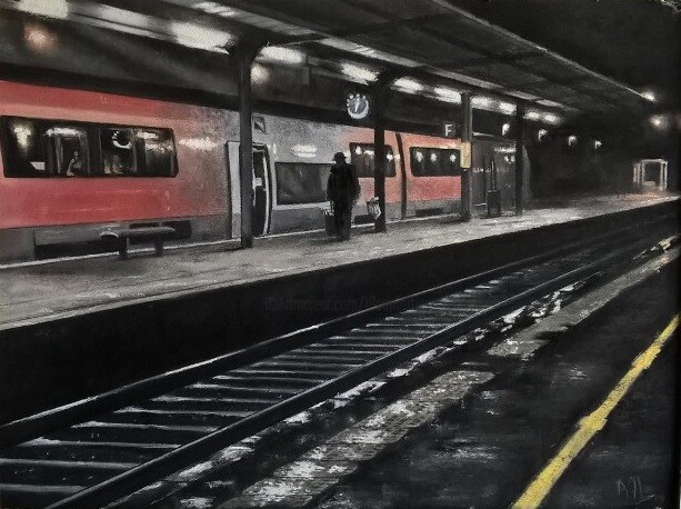 Drawing titled "Gare solitude" by Alain Fortier, Original Artwork, Pastel