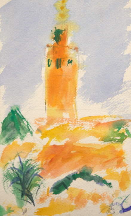 Painting titled "La Koutoubia" by Alain Husson-Dumoutier, Original Artwork, Watercolor