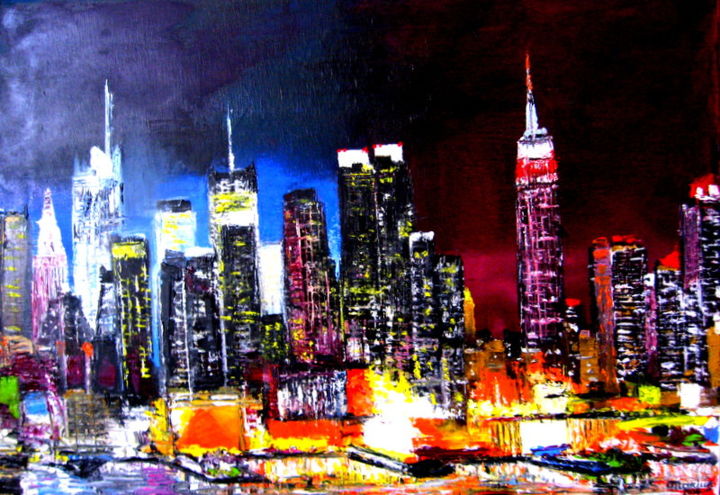 Painting titled "une nuit N.Y." by Marius, Original Artwork, Oil