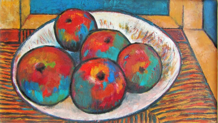 Painting titled "Les pommes bleues" by Alain Lamy, Original Artwork