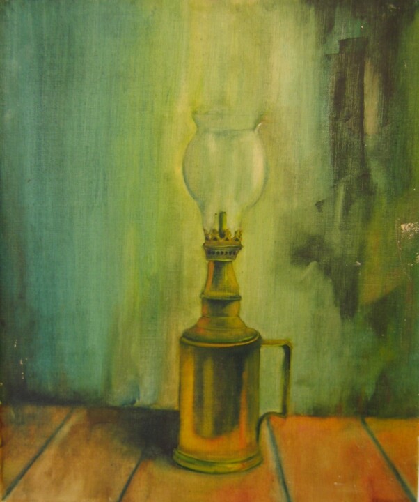 Painting titled "La lampe à pétrole" by Alain Lamy, Original Artwork, Oil Mounted on Wood Panel