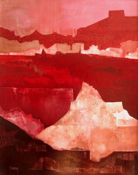 Painting titled "Paysage rouge" by Alain Lamy, Original Artwork, Oil Mounted on Wood Stretcher frame