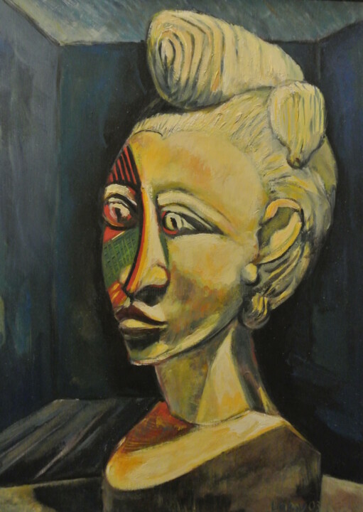 Schilderij getiteld "la statuette 2003.j…" door Alain Lamy, Origineel Kunstwerk, Olie