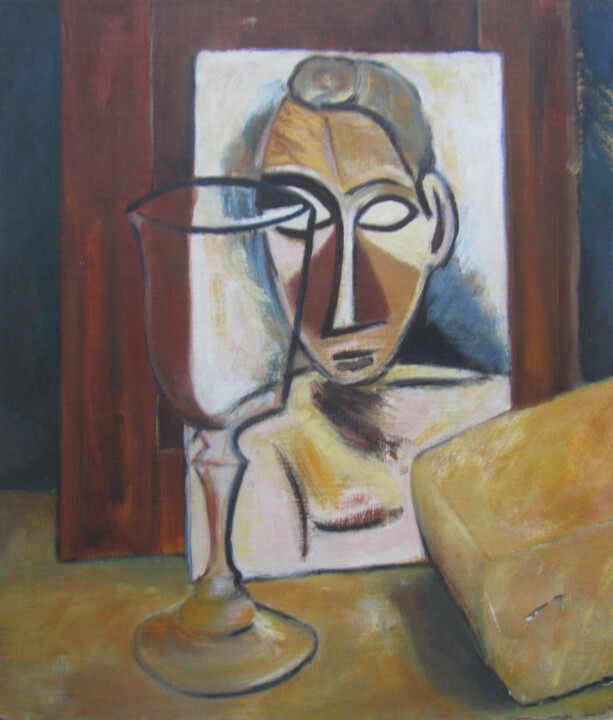 Painting titled "tête et verre.jpg" by Alain Lamy, Original Artwork, Oil